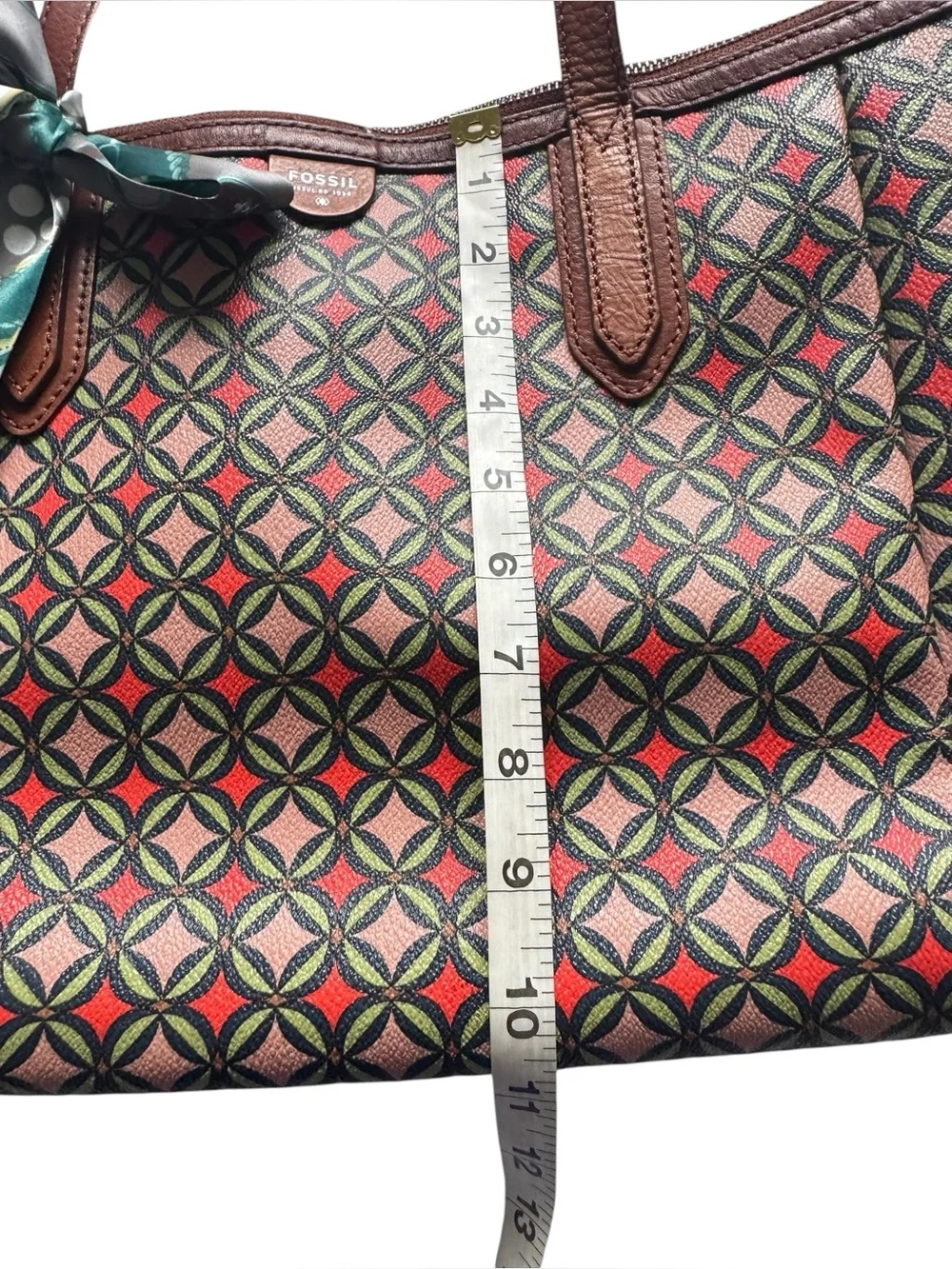 Fossil Sydney Tote Coated Leather Geometric Design Minimalist Large Tote Bag